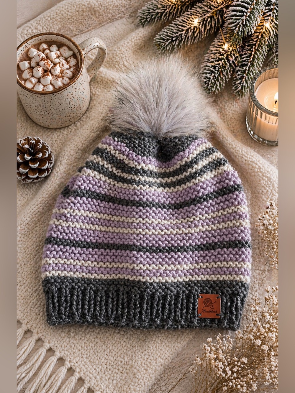 Women Striped Knit Pom Beanie - Lavender & Gray